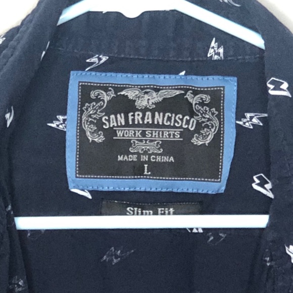 Mens San Francisco Work Shirt Lightning Bolt Navy Blue Dress Button Up Shirt - Picture 2 of 4